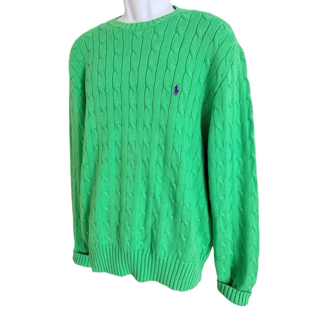 Vintage Polo Ralph Lauren Men Sweater XL Crewneck Cable Green Purple Pony Preppy